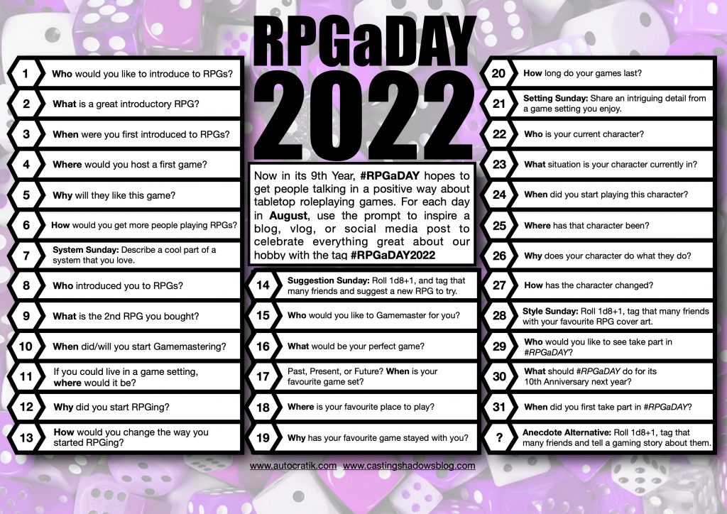 RPGaDAY 2022 List of categories. Duplicated in text below. 